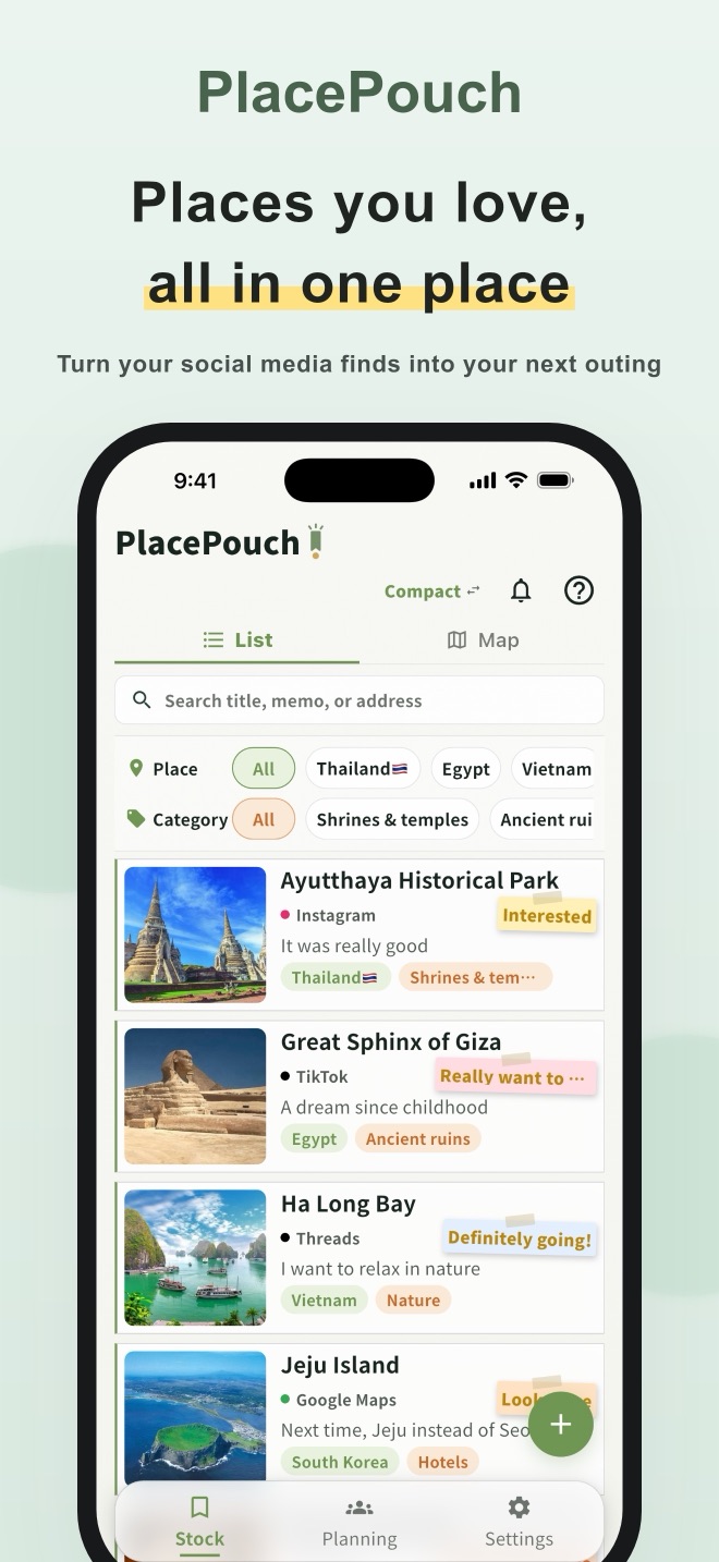 The PlacePouch list screen with saved places tagged by country and category