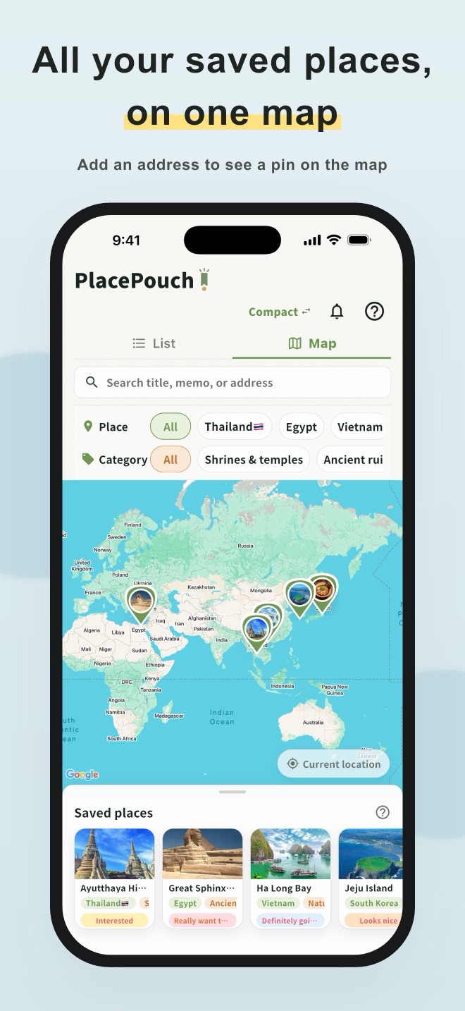 Saved places shown as pins on a map